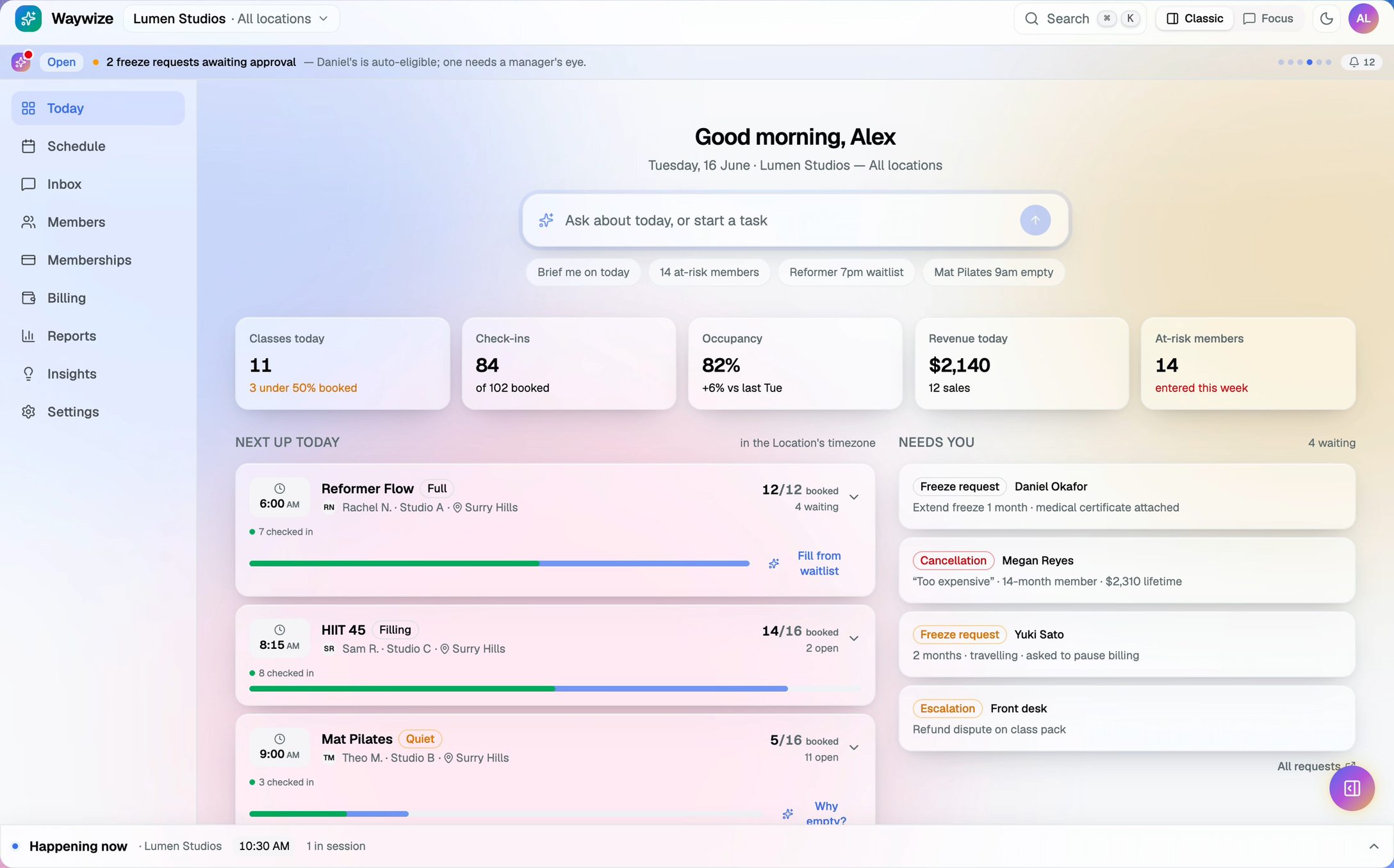 The Waywize Today screen for a studio: a greeting, an ask-anything bar, today's classes, check-ins, occupancy, revenue and at-risk members, the next classes up, and requests that need the owner's attention.